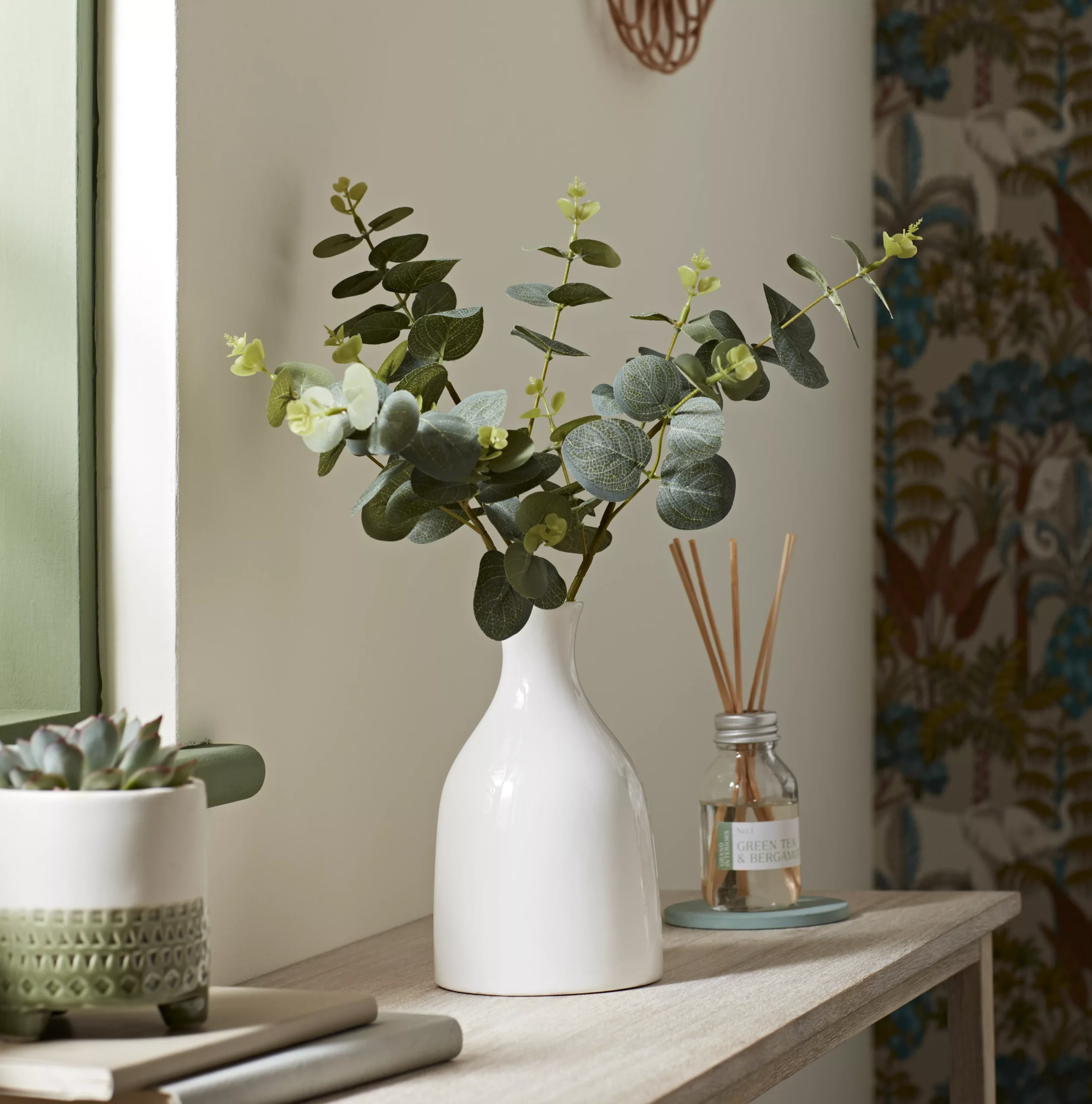 25cm Eucalyptus Stems Artificial Plant In Natural Ceramic Bottle Vase - Image 3