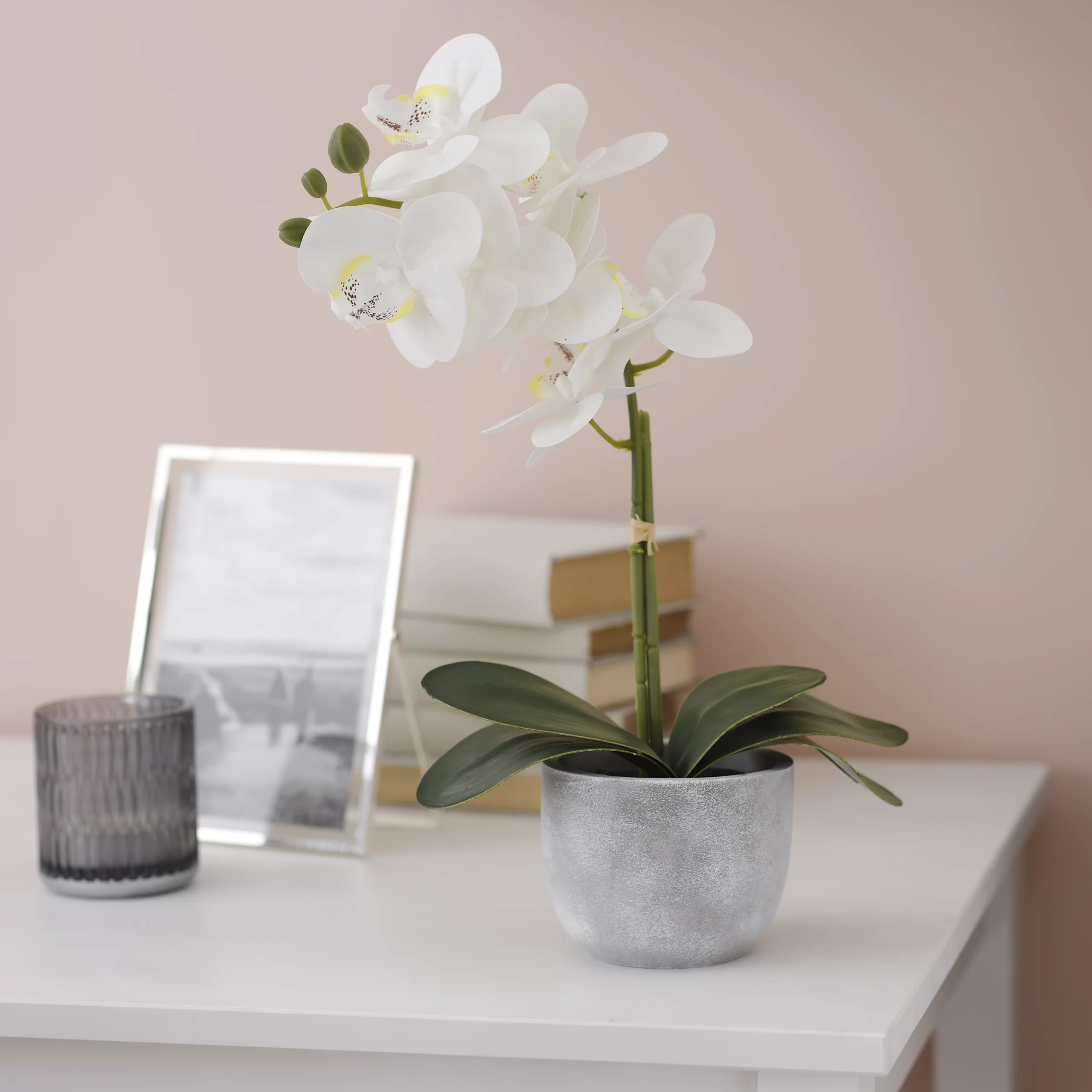 25cm White Orchid Artificial Plant In Grey Ceramic Pot - Image 3