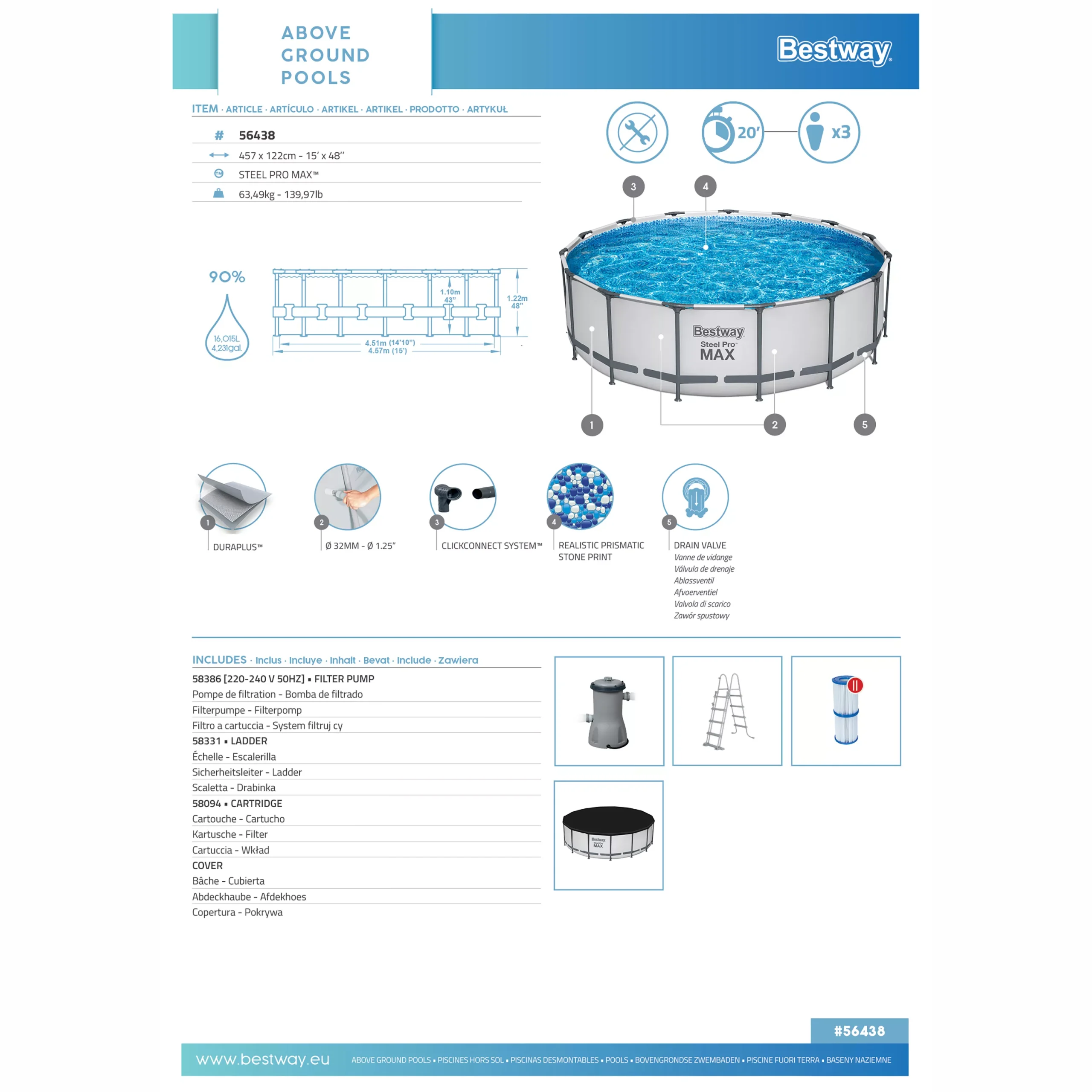 Bestway Steel Pro MAX™ Plain Polyvinyl Chloride (PVC) & Steel Pool (W) 4.57m X (L) 4.57m - Image 3