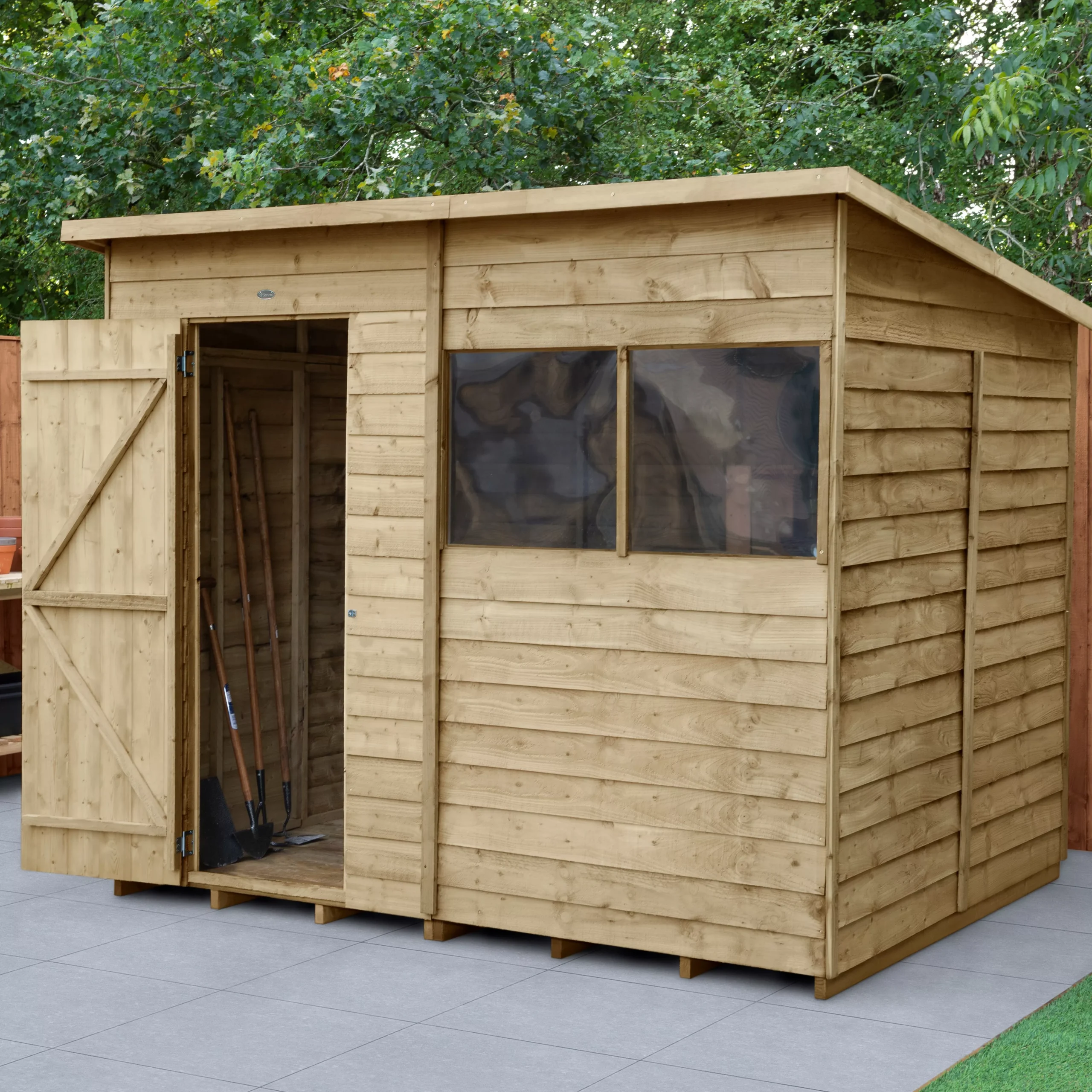 Forest Garden 8x6 Pent Pressure Treated Overlap Wooden Shed With Floor (Base Included) - Assembly Service Included