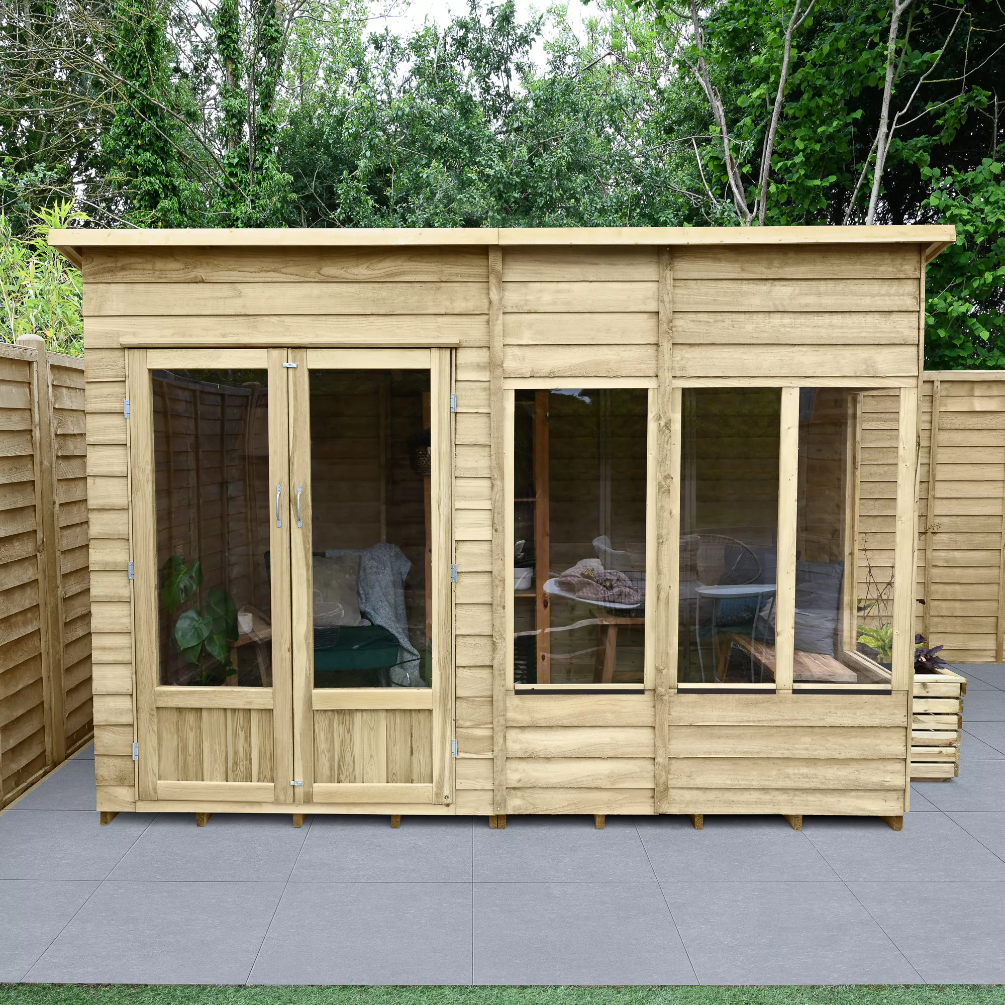 Forest Garden Oakley 10x6 Pent Overlap Solid Wood Summer House With Double Door (Base Included) - Assembly Service Included