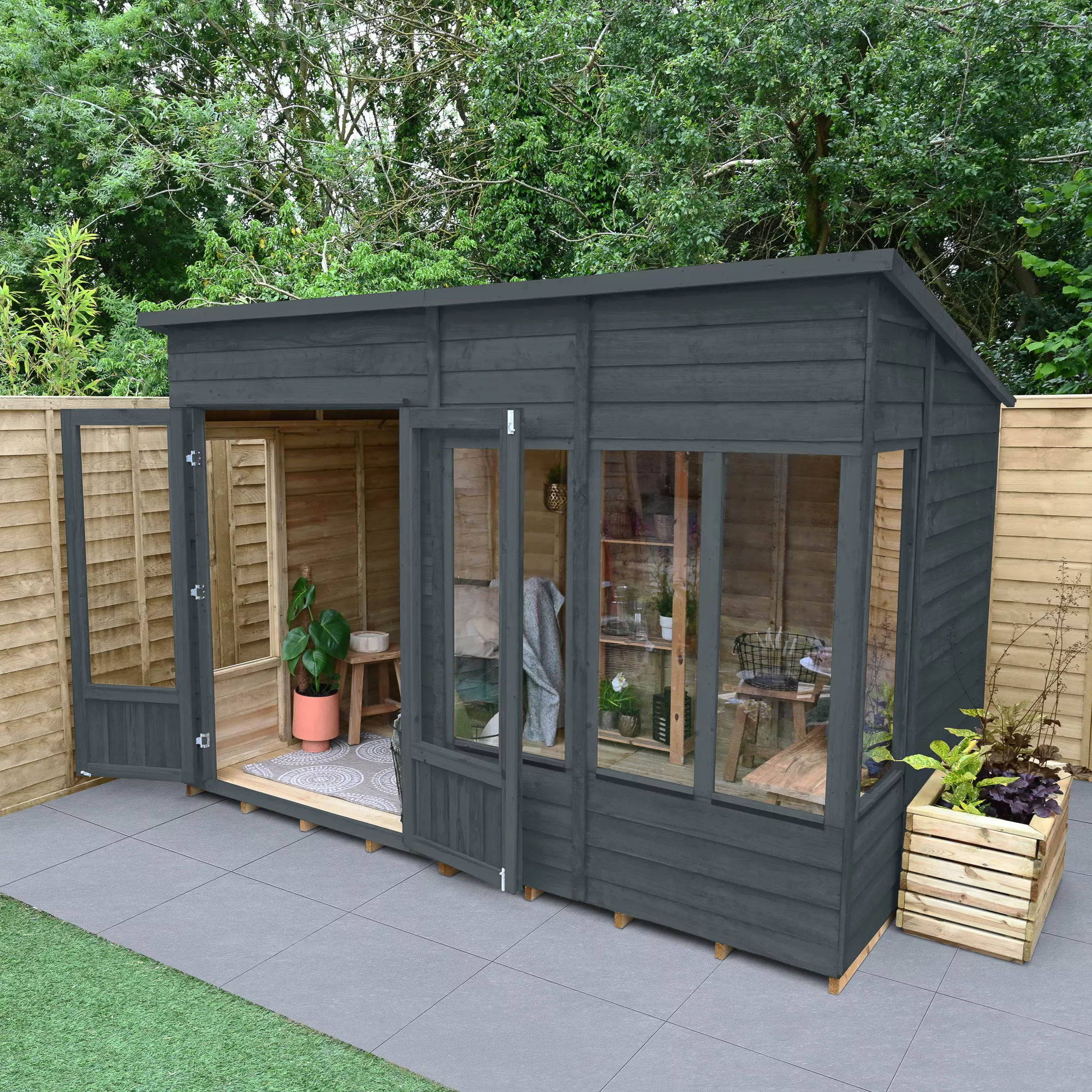 Forest Garden Oakley 10x6 Pent Overlap Solid Wood Summer House With Double Door (Base Included) - Assembly Service Included - Image 3