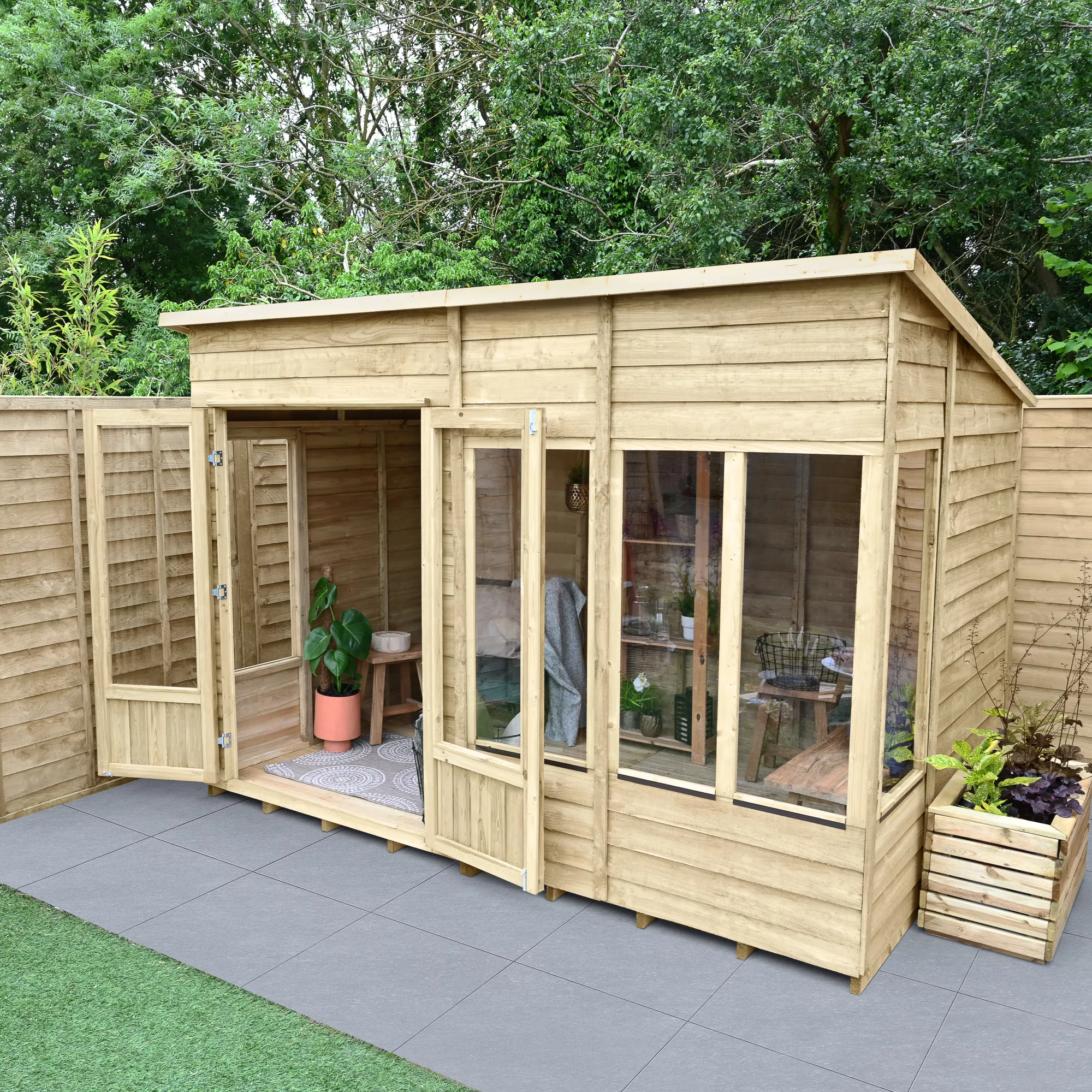 Forest Garden Oakley 10x6 Pent Overlap Solid Wood Summer House With Double Door (Base Included) - Assembly Service Included - Image 4