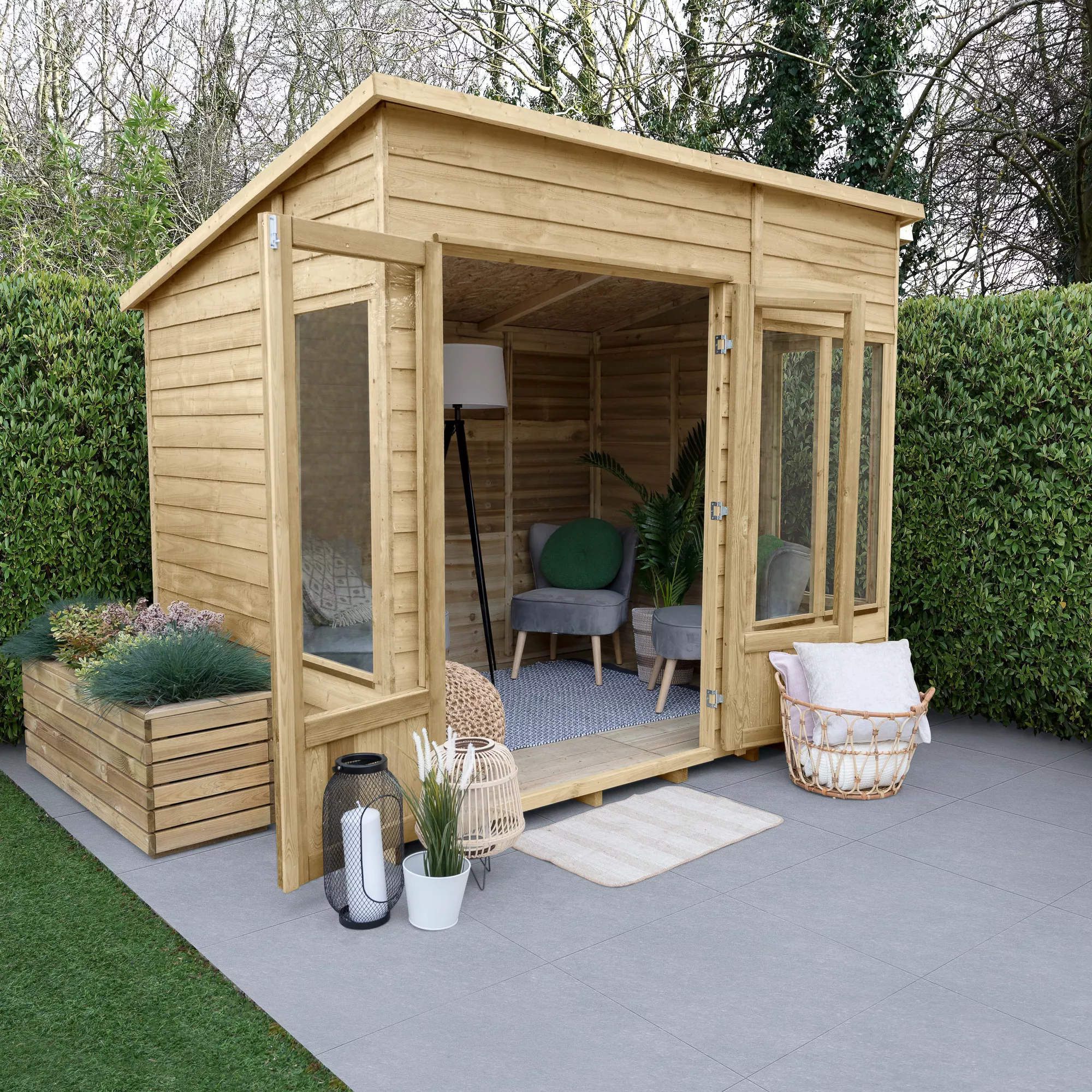 Forest Garden Oakley 8x6 Pent Overlap Solid Wood Summer House With Double Door - Assembly Service Included