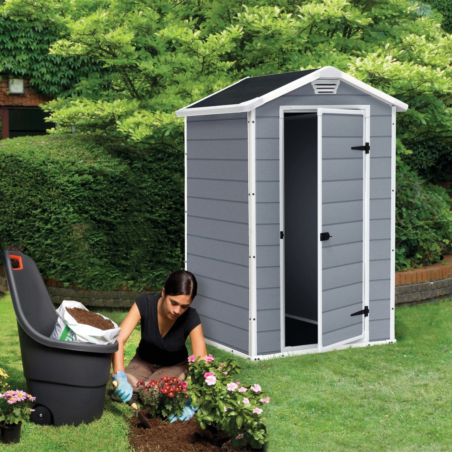 Keter Manor 4x3 Ft Apex Grey Plastic Shed (Base Included) - Image 2