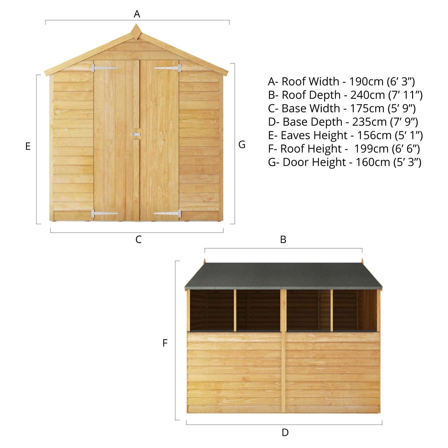 Mercia 8x6 Ft Apex Overlap Wooden 2 Door 4 Windows Shed With Floor - Image 8