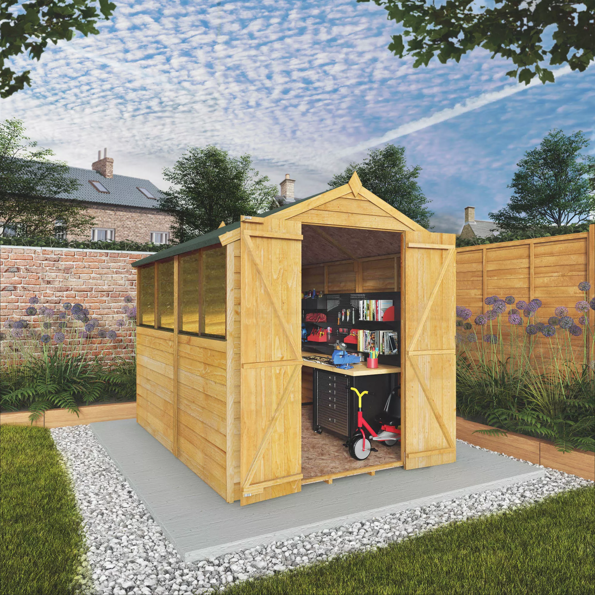 Mercia 8x6 Ft Apex Overlap Wooden 2 Door 4 Windows Shed With Floor