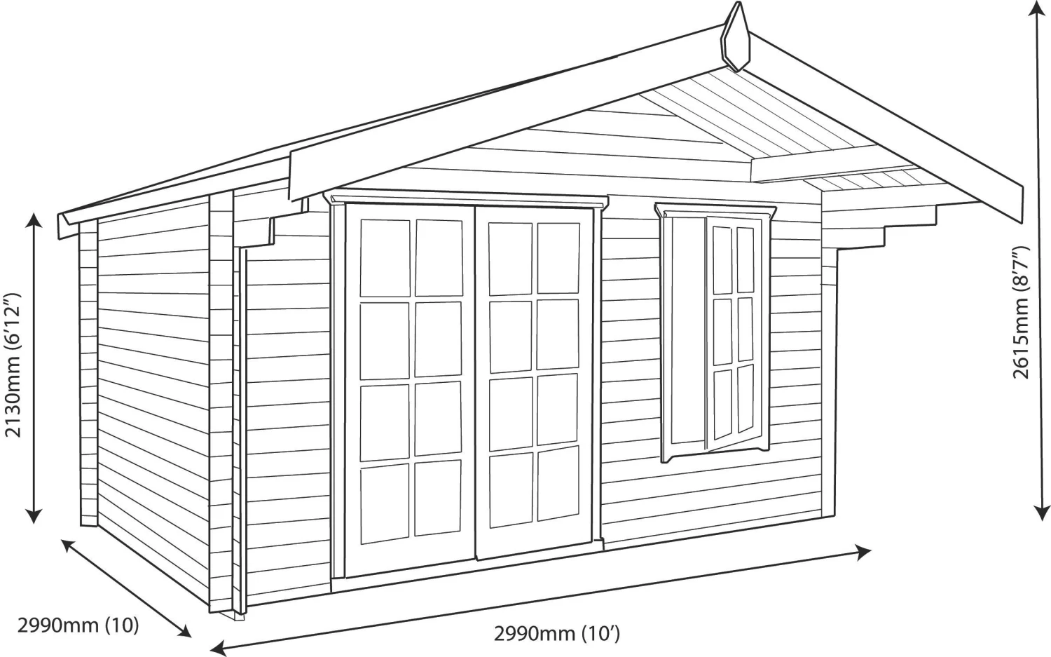 Shire Cannock 10x10 Glass Apex Tongue & Groove Wooden Cabin - Base Not Included - Image 9