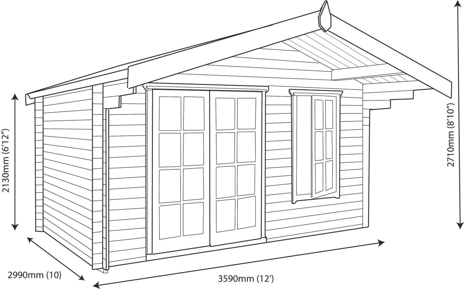 Shire Cannock 12x10 Glass Apex Tongue & Groove Wooden Cabin - Base Not Included - Image 9