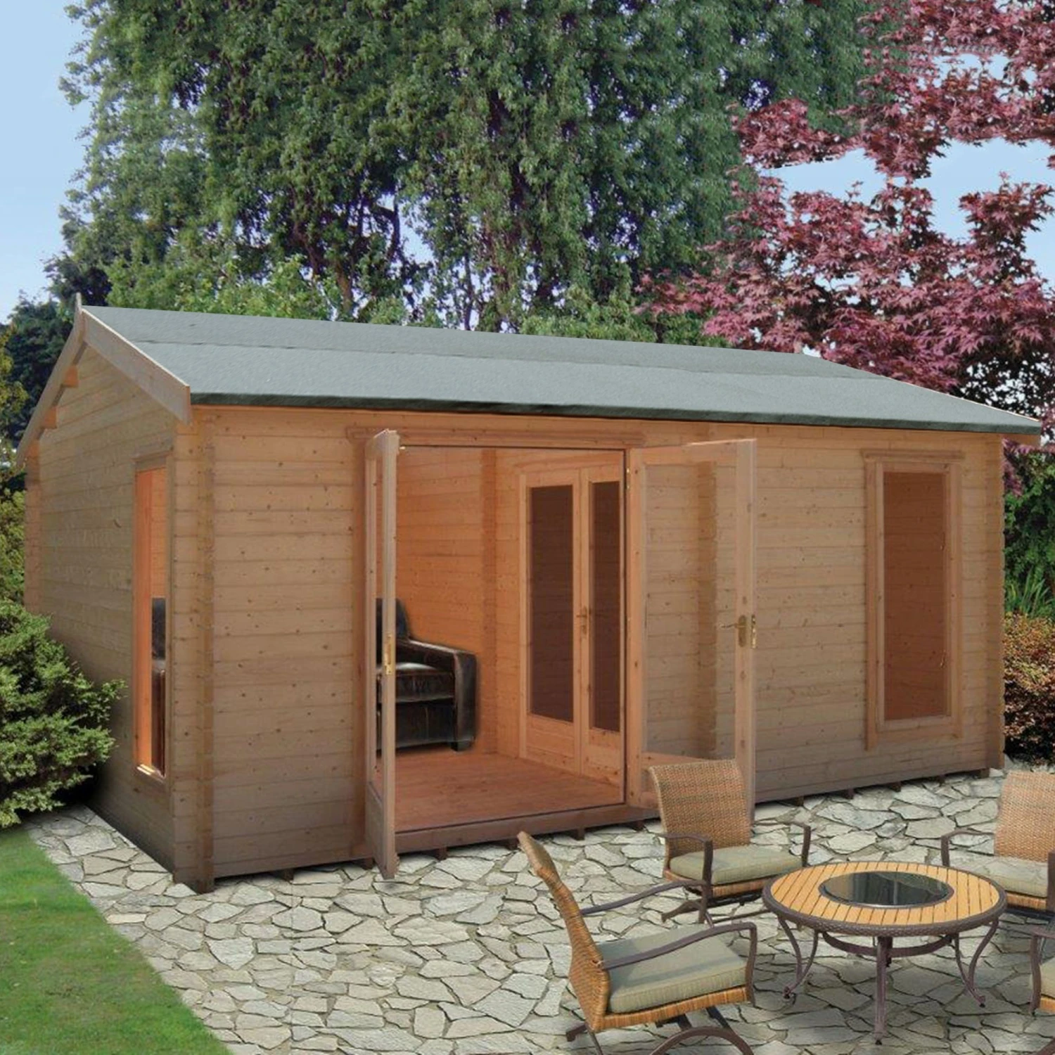 Shire Firestone 13x17 Toughened Glass Apex Tongue & Groove Wooden Cabin - Assembly Service Included
